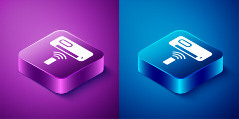 Isometric Air conditioner icon isolated on blue and purple background. Split system air conditioning. Cool and cold climate control system. Square button. Vector