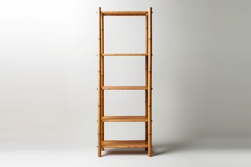 Simple and elegant bamboo shelving unit against a neutral background