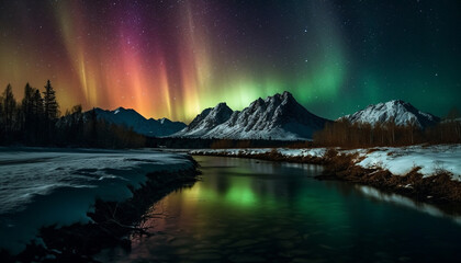 Majestic mountain range illuminated by multi colored aurora polaris at dusk generated by AI