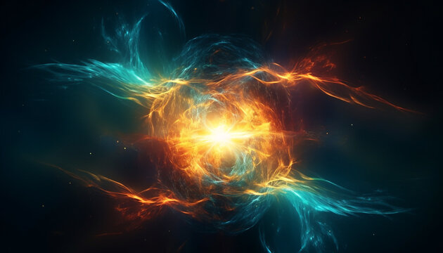 Futuristic galaxy backdrop illuminates abstract natural phenomenon in multi colored explosion generated by AI
