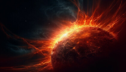 Futuristic explosion ignites fantasy galaxy, heating dark abstract backgrounds generated by AI
