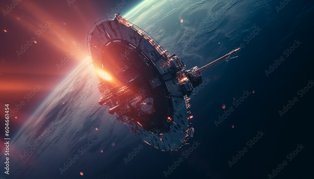 Poster futuristic spaceship orbits blue planet in dark nebula at dusk generated by ai