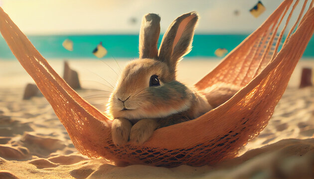 Cute kitty relaxing on a beach in a hammock  Ai generated image