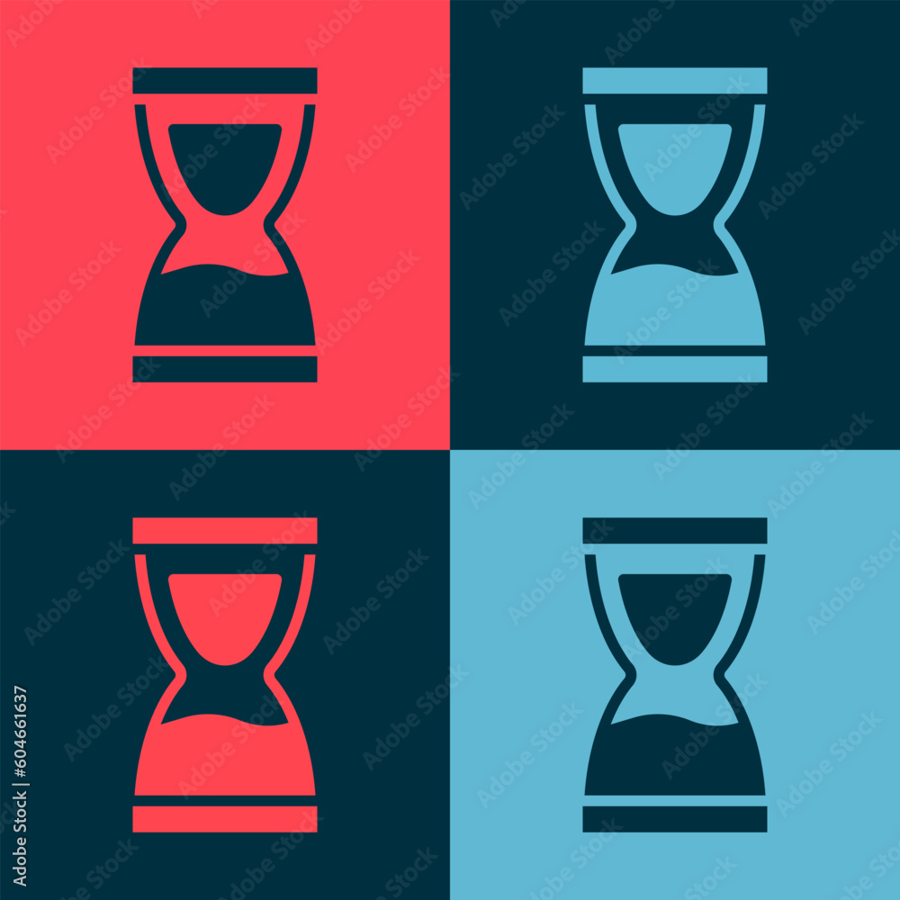 Sticker Pop art Old hourglass with flowing sand icon isolated on color background. Sand clock sign. Business and time management concept. Vector