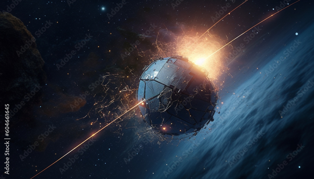 Poster futuristic spaceship orbiting glowing nebula in deep galaxy exploration generated by ai