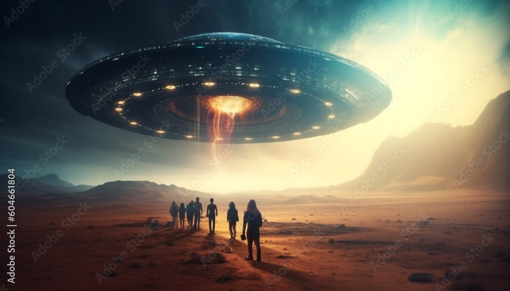 Wall mural futuristic spaceship orbits glowing planet in mysterious galaxy landscape generated by ai