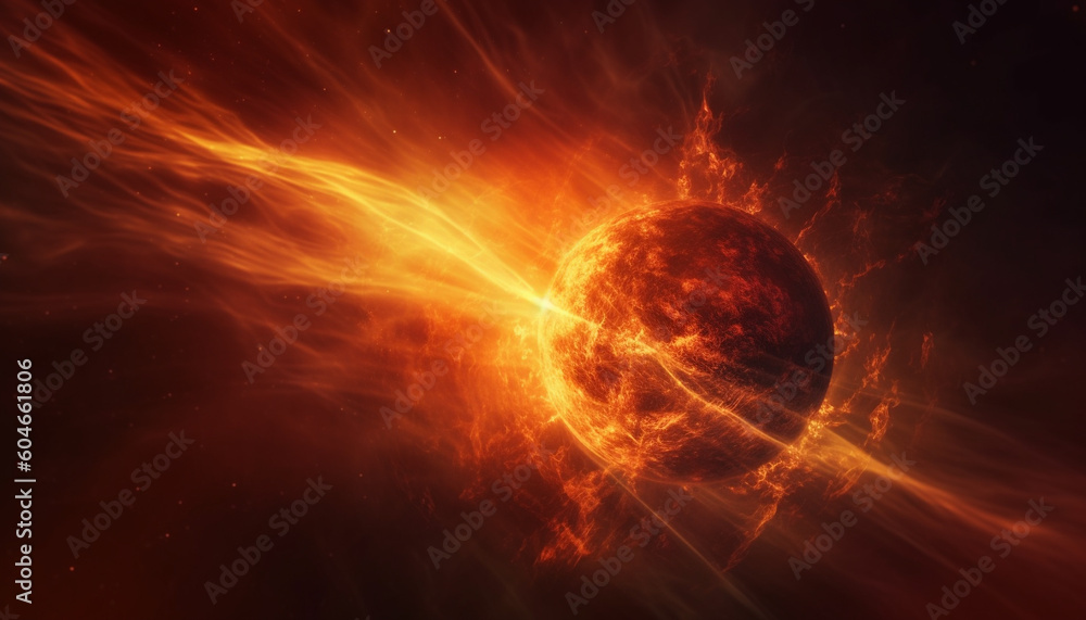 Poster exploding sphere of fire orbits glowing nebula in futuristic galaxy generated by ai