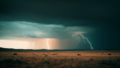 Dramatic sky with forked lightning strikes over rural landscape generated by AI