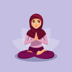 Muslim woman wearing hijab practice yoga. Lotus on background. Flat vector cartoon illustration