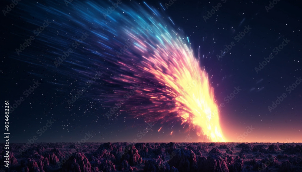 Poster exploding star illuminates galaxy in vibrant multi colored abstract motion generated by ai
