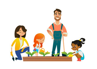 Parents and kids engaged in gardening in the backyard. Girl watering flowers in the garden. Eco concept. Montessori education concept. Organic gardening. Vector illustration.