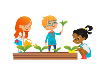 Multicultural boy and girls engaged in gardening in the backyard. Girls watering and planting flowers in the garden. Eco concept. Montessori education concept. Organic gardening. Vector illustration. © FoxyImage