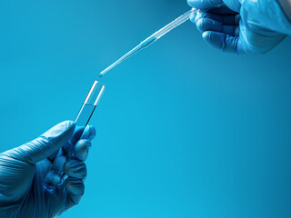 Pipette drip drops into laboratory test glass tubes, nobody.  Blue tone.