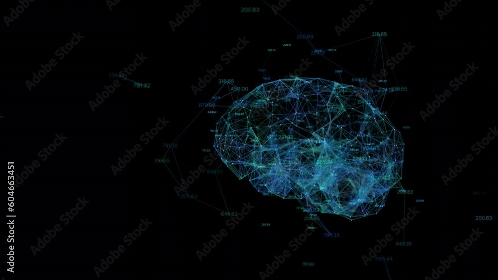Aufkleber digital brain and number running, plexus dot and line animation. 3d rendering transparent background