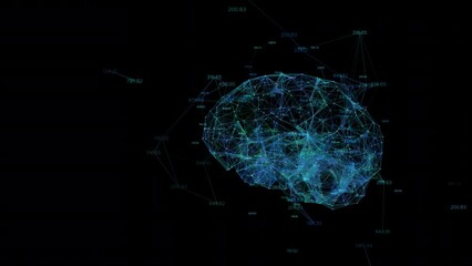 Digital brain  and number running, Plexus dot and line animation. 3D Rendering transparent background. Alpha channel ready.