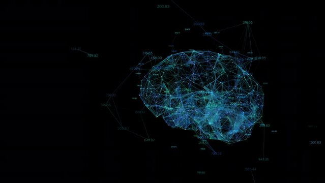 Digital brain  and number running, Plexus dot and line animation. 3D Rendering transparent background. Alpha channel ready.