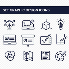 Art, creativity and graphic design related editable stroke outline icons set isolated on png background flat vector illustration.