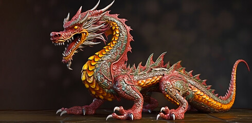 Fototapeta premium Red and blue Chinese dragon on a black background. A traditional mythical animal, a symbol of wealth and well-being. Place to copy, banner, postcard