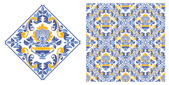 Azulejo mosaic tiles, square patterns with floral motifs, in blue and white colors. Mediterranean, Portuguese, Spanish traditional vintage ceramic tilework. Arabesque ornament with flowers. Vector