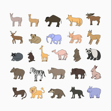 Vector isolated illustration of a set of different animals. Outlined animals.