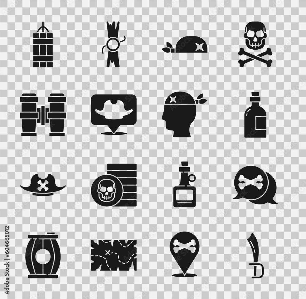 Sticker set pirate sword, location pirate, alcohol drink rum, bandana for head, binoculars, dynamite bomb an