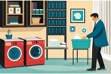 Wäsche waschen mit der Waschmaschine im Haushalt für die Familie als Hausarbeit von Putzmann oder Putzfrau
