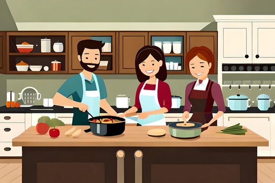 Haushalt und gemeinsames Kochen in der Küche mit der Familie als Illustration 