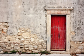 A red door on a white stone building adds a pop of color. the beauty and charm of architectural details. Generative AI Technology.