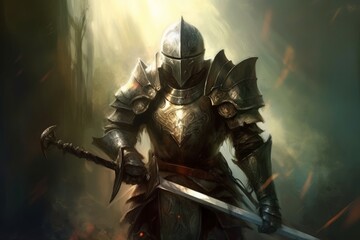 An image of a knight holding a sword, in the style of speedpainting. Generative AI. - obrazy, fototapety, plakaty