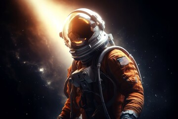 An astronaut with an orange mask and a light reflected on it, in the style of realistic portrayal. Generative AI.