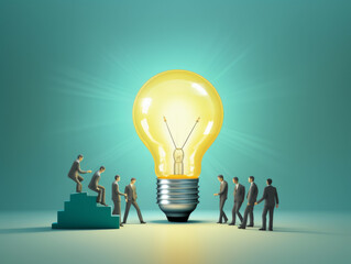 Brainstorming and innovation concept. Diverse group of people in suits gathered around a big light bulb. Perfect for startup or business presentations. Generative AI Technology.