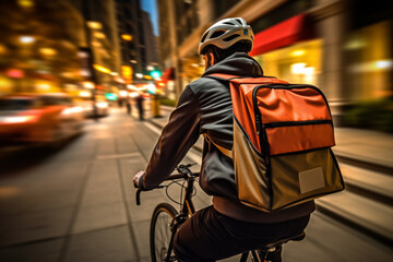 Fototapeta na wymiar Urban delivery concept. Dynamic and energetic scene of a food delivery worker on a bicycle, perfect for food delivery or city lifestyle themes. Generative AI Technology.