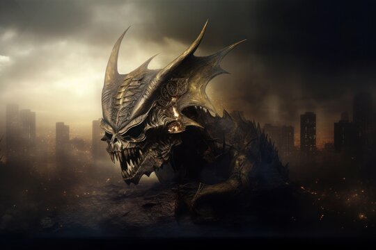 A black and gold dragon in the city, in the style of vray tracing. Generative AI.