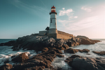 Obraz premium Captivating and serene, this landscape features a striking lighthouse against the vast sea. Ideal for travel, nature, and adventure themes. Generative AI Technology.