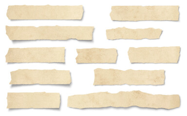 set / collection of ripped textured paper strips / scraps or tape isolated over a transparent...