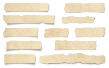 set / collection of ripped textured paper strips / scraps or tape isolated over a transparent background, ideal for text and messages, cut-out vintage collage design elements, highly detailed, PNG