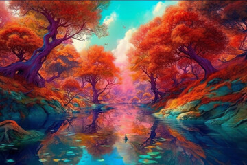 Fototapeta na wymiar Red autumn forest wallpaper hd, in the style of airbrush art. Generative AI.