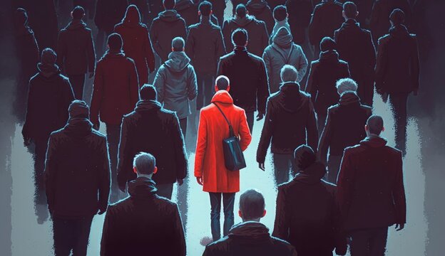 one red man standing with other people with phone, unique person in the crowd, illustration, Generative AI 