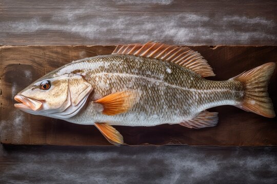 Sea bass on a wooden board close-up top view. Fish restaurant promotion banner. Generative ai