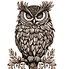 Illustration of a big owl sitting on a branch on a white background
