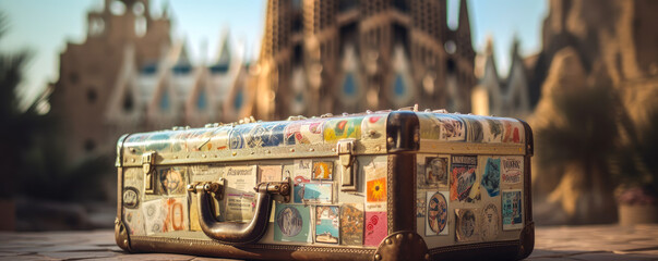 Enchanting image of a sticker-filled suitcase representing Barcelona travel, featuring the famed Sagrada Familia subtly unfocused amid delicate details and gentle pastel sky emotions. Generative AI - obrazy, fototapety, plakaty