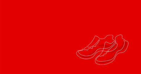 One line creative vector illustration of sneakers on the red background. Pare of running shoes icon.