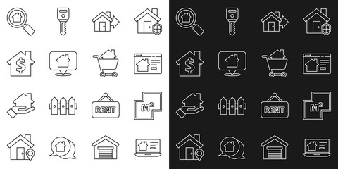 Set line Online real estate house, House plan, Sale, Location with, dollar symbol, Search and Shopping cart icon. Vector