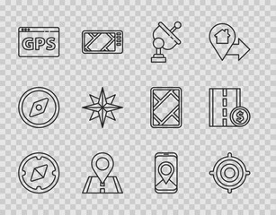 Set line Compass, Target sport, Radar, Location, Gps device with map, Wind rose, City navigation and Toll road traffic sign icon. Vector