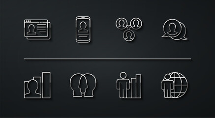 Set line Resume, Productive human, Speech bubble chat, Project team base, Mobile with resume, Head hunting and icon. Vector