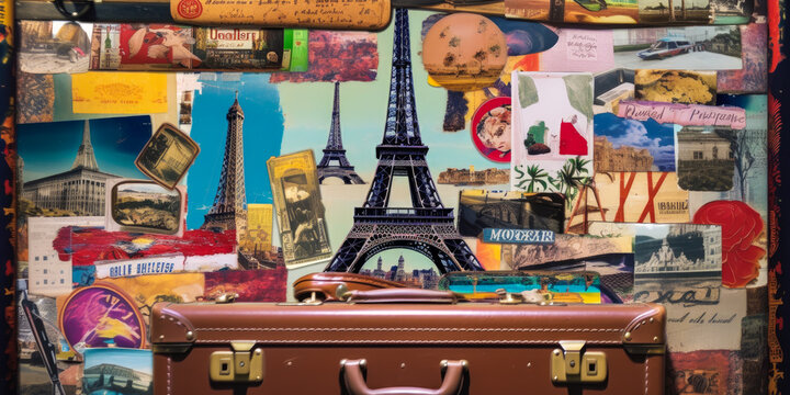Captivating collage with a beautifully decorated suitcase, surrounded by vivid French-inspired images and stickers, featuring the Eiffel Tower for an emotional France travel journey. Generative AI