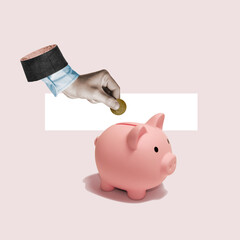 Piggy bank as a metaphor for banking services. Art collage.