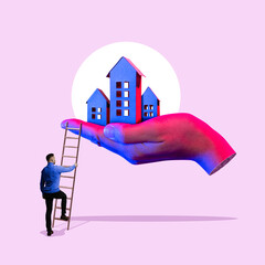 Renting and selling real estate. Art collage.