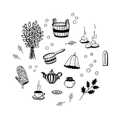Sauna set. Bath handicrafts. Graphic sketch set isolated. Sink, ladle, tea, mittens, broom, stones, hat, soap bubbles. Linear doodle graphic design. Black and white image. art illustration.