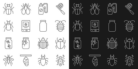 Set line Beetle deer, Mite, Larva insect, Pressure sprayer, Book about, bug, Stink and Glass jar icon. Vector